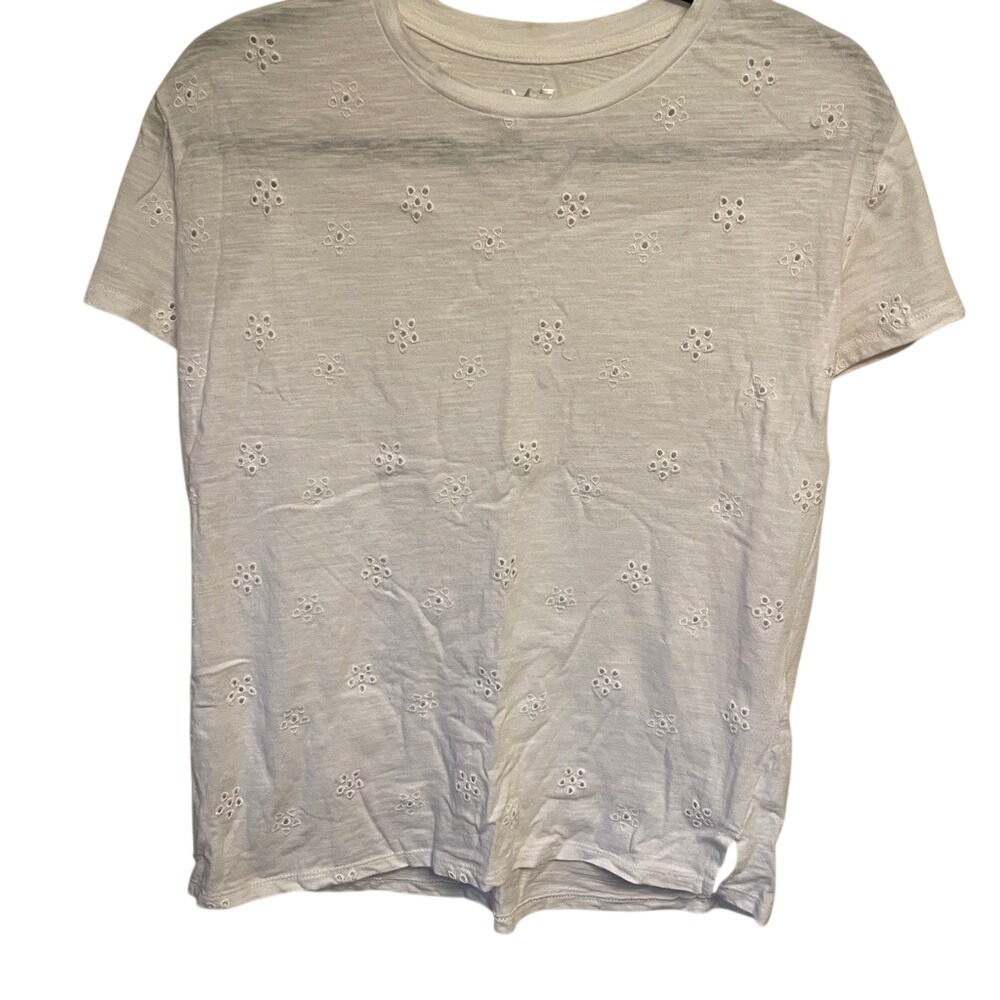24/7 by Maurices Womens White Eyelet Floral Embroidered Slub Knit T-Shirt XS
